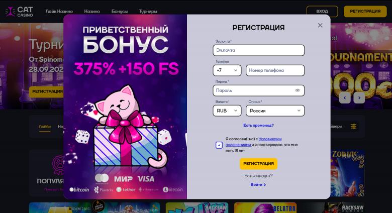 Регистрация нового пользователя в Cat Casino